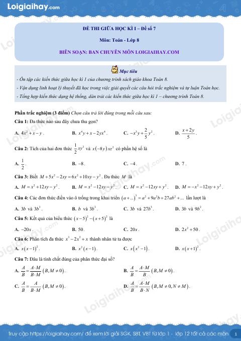 Đề thi giữa kì 1 Toán 8 - Đề số 7